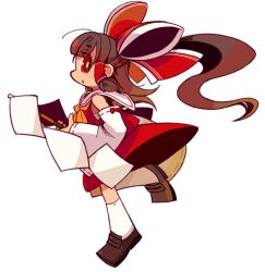 Rule 34 | 1girl, bow, brown hair, chibi, detached sleeves, dress, full body, hair bow, hair tubes, hakurei reimu, long hair, looking at viewer, mota, open mouth, red bow, red dress, red eyes, simple background, skirt, sleeveless, sleeveless dress, solo, touhou, white background