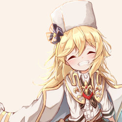 Rule 34 | 1girl, ^ ^, belt, belt buckle, blonde hair, blush, brown background, brown belt, buckle, center frills, closed eyes, commentary request, facing viewer, frills, fur hat, girls&#039; frontline, grin, hair between eyes, hat, highres, jacket, jacket on shoulders, long hair, matsuo (matuonoie), nagant revolver (girls&#039; frontline), shirt, simple background, smile, solo, upper body, white hat, white jacket, white shirt