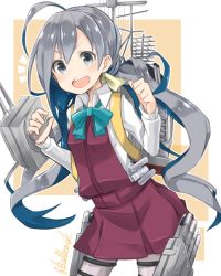 Rule 34 | 10s, 1girl, ^^^, ahoge, b allbrack, bad id, bad twitter id, blue eyes, blush, bow, bowtie, clenched hand, cowboy shot, grey hair, holding, kantai collection, kiyoshimo (kancolle), long hair, low twintails, machinery, multicolored hair, open mouth, pantyhose, pleated skirt, shirt, signature, skirt, solo, twintails, very long hair, wing collar