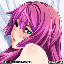 Rule 34 | 1girl, aqua eyes, bed sheet, copyright name, eyelashes, from side, looking at viewer, lowres, open mouth, pink hair, portrait, shindou hatsune, solo, soukou senki prism raker, soukou senki prism shine, sweat
