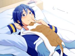 Rule 34 | 1girl, arm behind head, bed sheet, blue eyes, blue hair, cat, closed mouth, finger to mouth, hair between eyes, index finger raised, kaito (vocaloid), long sleeves, lying, male focus, nokuhashi, on back, short hair, shushing, smile, solo, vocaloid