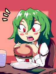 Rule 34 | 1girl, armband, blush stickers, burger, chair, commentary, commission, cup, drinking glass, english commentary, food, green hair, hair between eyes, holding, holding food, indoors, kazami yuuka, long sleeves, looking down, napkin, notice lines, open mouth, plaid, plaid vest, plate, red background, setz, shirt, short hair, simple background, solo, table, teeth, touhou, upper body, vest, white shirt