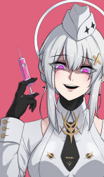 Rule 34 | 1girl, absurdres, black necktie, buttons, capelet, collared shirt, grey hair, hair between eyes, hair ornament, halo, highres, holding, holding syringe, jacket, liv: empyrea (punishing: gray raven), liv (punishing: gray raven), long sleeves, lzypoipoi, medium hair, necktie, open mouth, out of character, punishing: gray raven, purple eyes, shirt, sidelocks, syringe, teeth, upper teeth only, white capelet, white jacket