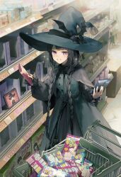 1girl black_cape black_dress blue_eyes blush braid candy cape commentary_request dress food green_dress green_hat grin grocery_store hair_over_shoulder hat highres holding indoors layered_dress long_hair long_sleeves looking_at_object low_twin_braids nerunerunerune nijisanji shopping shopping_cart signature smile solo sparkle standing tsukino_mito tsukino_mito_(20th_costume) twin_braids virtual_youtuber witch witch_hat yunohito