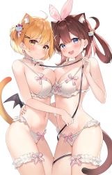 Rule 34 | 2girls, :d, ahoge, animal ears, ayamy, ayamy (vtuber), bare arms, bare shoulders, bikini, blonde hair, blue eyes, bra, breast press, breasts, bridal garter, brown hair, cat ears, cat girl, cat tail, choker, cleavage, cowboy shot, extra ears, fang, frilled bra, frilled choker, frilled panties, frills, hair rings, hand on another&#039;s back, highres, hololive, indie virtual youtuber, kemonomimi mode, leash, long hair, looking at viewer, medium breasts, mini wings, multiple girls, navel, one side up, open mouth, panties, short hair, simple background, smile, stomach, strap gap, swimsuit, symmetrical docking, tail, tail raised, thighs, underwear, underwear only, virtual youtuber, white background, white bra, white panties, wings, yellow eyes, yozora mel