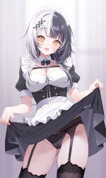 Rule 34 | 1girl, alternate costume, apron, black bow, black bowtie, black dress, black hair, black panties, black thighhighs, blunt bangs, blurry, blurry background, blush, bow, bowtie, breasts, chest strap, cleavage, collar, commentary, cowboy shot, detached collar, deyui, dress, enmaided, frilled apron, frills, garter belt, garter straps, gluteal fold, highres, hololive, hololive english, large breasts, looking at viewer, maid, maid apron, maid headdress, multicolored hair, open mouth, panties, puffy short sleeves, puffy sleeves, shiori novella, short sleeves, skirt hold, smile, solo, split-color hair, streaked hair, symbol-only commentary, teeth, thighhighs, two-tone hair, underwear, upper teeth only, virtual youtuber, waist apron, white collar, white hair, white headwear, yellow eyes