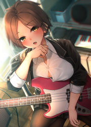 Rule 34 | 1girl, :o, amplifier, bad id, bad pixiv id, bass guitar, black bra, black jacket, black pantyhose, black skirt, blazer, blurry, blurry background, blush, bra, breasts, brown hair, cable, chair, collared shirt, commentary request, day, depth of field, hair ornament, hairclip, hand up, highres, holding, holding instrument, indoors, instrument, jacket, keyboard (instrument), lace, lace-trimmed bra, lace trim, long sleeves, looking at viewer, medium breasts, miniskirt, open clothes, open jacket, open mouth, original, pantyhose, parted bangs, partially unbuttoned, plaid, plaid skirt, rerrere, school uniform, shirt, short hair, sitting, skirt, solo, sweat, tile floor, tiles, underwear, white shirt, wing collar, wiping sweat, yellow eyes