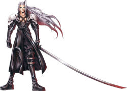 Rule 34 | 1990s (style), 1boy, aqua eyes, boots, final fantasy, final fantasy vii, full body, grey hair, highres, huge weapon, katana, long hair, male focus, nomura tetsuya, official art, ootachi, retro artstyle, sephiroth, simple background, solo, standing, sword, weapon, white background