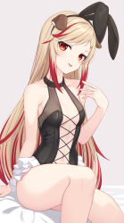 Rule 34 | 1girl, animal ears, black leotard, blonde hair, blush, breasts, commentary request, cross-laced leotard, dog ears, fake animal ears, feet out of frame, frilled leotard, frills, grey background, highres, leotard, long hair, looking at viewer, medium bangs, multicolored hair, nanashi inc., navel, nishino eri, open mouth, orange eyes, rabbit ears, red hair, seshima rui, sitting, small breasts, smile, solo, streaked hair, tongue, tongue out, two-tone hair, virtual youtuber