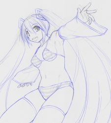 Rule 34 | 1girl, bare shoulders, bikini, breasts, covered erect nipples, detached sleeves, hair ornament, hatsune miku, kasuga yukihito, long hair, monochrome, navel, open mouth, outstretched arms, sideboob, sketch, smile, solo, striped bikini, striped clothes, swimsuit, thighhighs, traditional media, twintails, underboob, very long hair, vocaloid