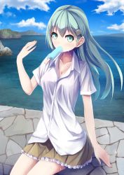 Rule 34 | 10s, 1girl, blue sky, brown skirt, cloud, day, food, frilled skirt, frills, green eyes, green hair, hair ornament, hairclip, highres, hot, ice cream, kantai collection, konkito, long hair, looking at viewer, matching hair/eyes, mouth hold, ocean, pleated skirt, popsicle, short sleeves, sitting, skirt, sky, solo, suzuya (kancolle), sweat