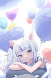 Rule 34 | 1girl, :3, absurdres, animal ears, balloon, bare arms, blue eyes, blue hair, blunt bangs, cat ears, commentary, cube hair ornament, gawr gura, gawr gura (casual), hair ornament, head tilt, highres, hololive, hololive english, klaius, looking at viewer, multicolored hair, official alternate costume, side ponytail, sleeveless, smile, solo, streaked hair, symbol-only commentary, two-tone hair, virtual youtuber, white hair