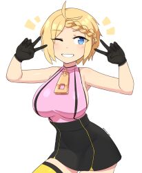 Rule 34 | 1girl, absurdres, bare shoulders, black dress, black gloves, blonde hair, braid, braided bangs, breasts, commission, cowboy shot, double v, dress, gloves, grin, hands up, highres, large breasts, leaning forward, looking at viewer, nyrn, one eye closed, original, pencil dress, peps art, pink dress, short hair, sideboob, simple background, sleeveless, sleeveless dress, smile, solo, taut clothes, taut dress, thighhighs, two-tone dress, v, white background, yellow thighhighs