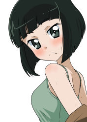 Rule 34 | 1girl, absurdres, black eyes, black hair, blunt bangs, blunt ends, blush, bob cut, camisole, closed mouth, commentary, from side, frown, girls und panzer, green shirt, highres, looking at viewer, looking back, nishihara yasoko, shirt, short hair, simple background, solo, sweat, undressing, wakku kan, white background