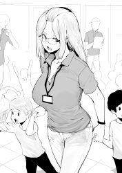 Rule 34 | 1girl, 4boys, 6+others, bangs pinned back, bracelet, breasts, child, cleavage, collared shirt, commentary, crowd, english commentary, glasses, greyscale, highres, holding hands, id card, inne sulistya robin, jewelry, lanyard, large breasts, long hair, monochrome, multiple boys, multiple others, norman maggot, original, pants, polo shirt, shirt, short sleeves, sweat, teacher, walking