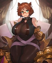 Rule 34 | 1girl, animal ear fluff, animal ears, bare shoulders, black legwear, blush, borrowed character, breasts, brown hair, claws, collar, cosplay, curvy, dog girl, fate/grand order, fate (series), glasses, green eyes, harusame-r, head tilt, huge breasts, impossible clothes, indie virtual youtuber, kneeling, looking at viewer, mint castella, nervous smile, o-ring, o-ring top, open mouth, paid reward available, passionlip (fate), passionlip (fate) (cosplay), red-framed eyewear, short hair, skin tight, smile, solo, thick thighs, thighs, virtual youtuber, wide hips