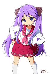 Rule 34 | 1girl, blue eyes, blush, commentary request, dot nose, feet out of frame, hair ornament, hair ribbon, highres, hiiragi kagami, kneehighs, long hair, long sleeves, looking at viewer, lucky star, pink skirt, purple hair, ragho no erika, ribbon, ryouou school uniform, school uniform, serafuku, shirt, simple background, skirt, socks, solo, translation request, twintails, v-shaped eyebrows, white background, white socks, white shirt