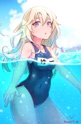 Rule 34 | 1girl, absurdres, artist name, baileys (tranquillity650), bare arms, bare legs, bare shoulders, blonde hair, blue one-piece swimsuit, breasts, collarbone, covered navel, day, grey eyes, hair between eyes, highres, kantai collection, long hair, looking at viewer, name tag, one-piece swimsuit, parted lips, partially submerged, signature, small breasts, solo, swimsuit, twitter username, u-511 (kancolle), water