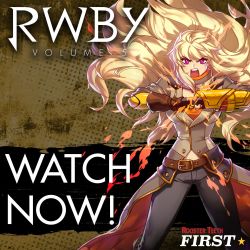 Rule 34 | 1girl, blonde hair, ein lee, ember celica (rwby), english text, highres, official art, prosthesis, prosthetic arm, purple eyes, roosterteeth, rwby, solo, yang xiao long