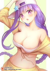 Rule 34 | 1girl, arm up, bandeau, bare shoulders, bb (fate), bb (fate/extra), bb (swimsuit mooncancer) (fate), bb (swimsuit mooncancer) (first ascension) (fate), braid, breasts, collarbone, fate/grand order, fate (series), flat cap, hat, large breasts, long hair, md5 mismatch, navel, open mouth, patreon logo, patreon username, pink eyes, purple hair, resolution mismatch, revision, sideways hat, simple background, solo, source larger, star (symbol), stomach, upper body, very long hair, waero, white hat