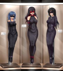 Rule 34 | 3girls, ahoge, arms behind back, ball gag, bare shoulders, bdsm, bit gag, black hair, blindfold, blue hair, bodysuit, collar, collarbone, covered erect nipples, covered navel, full body, gag, gagged, gimp suit, highres, impossible bodysuit, impossible clothes, latex, legs together, long hair, midnight (banyex), multicolored hair, multiple girls, original, red hair, ring gag, saliva, short hair, skin tight, tongue, wiffle gag