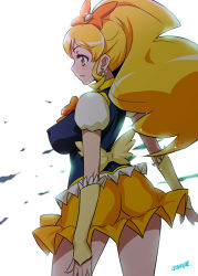 Rule 34 | 10s, 1girl, artist name, blonde hair, bow, breasts, covered erect nipples, cure honey, earrings, hair bow, happinesscharge precure!, impossible clothes, jewelry, joy ride, large breasts, long hair, magical girl, oomori yuuko, orange skirt, ponytail, precure, profile, simple background, skirt, solo, white background, yellow eyes