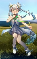 Rule 34 | 1girl, absurdres, blue sky, character request, day, dress, forest, full body, green ribbon, highres, kemono friends, nature, neck ribbon, open mouth, outdoors, ribbon, scenery, shoes, silver hair, sky, skyfish (kemono friends), sleeveless, sleeveless dress, solo, teeth, tree, twintails, upper teeth only, welt (kinsei koutenkyoku), white dress, white footwear, white legwear, yellow eyes