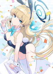 Rule 34 | 1girl, animal ears, blonde hair, blue archive, blue bow, blue bowtie, blue eyes, blue halo, blue leotard, bow, bowtie, breasts, closed mouth, detached collar, fake animal ears, fake tail, halo, leotard, long hair, medium breasts, momoyama momo, official alternate costume, rabbit ears, rabbit tail, solo, strapless, strapless leotard, tail, thighhighs, toki (blue archive), toki (bunny) (blue archive), v, white thighhighs, wrist cuffs