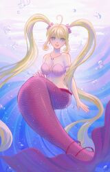 Rule 34 | 1girl, absurdres, ahoge, blonde hair, blue eyes, breasts, day, full body, highres, jewelry, liliantsai0417, looking at viewer, mermaid, mermaid melody pichi pichi pitch, monster girl, nanami lucia, navel, necklace, outdoors, pink scrunchie, scrunchie, shell, shell bikini, sidelocks, small breasts, twintails, underwater