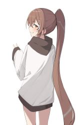 Rule 34 | 1girl, absurdres, ahoge, bare legs, brown eyes, brown hair, brown hood, from behind, grin, h9 99999, hair ornament, hairclip, highres, hololive, hololive english, hood, hoodie, long hair, looking at viewer, multicolored hair, nanashi mumei, oversized clothes, ponytail, smile, streaked hair, v, very long hair, virtual youtuber, white hoodie