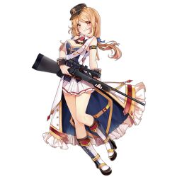 Rule 34 | 1girl, armband, black armband, black footwear, black hat, black wrist cuffs, blue ribbon, blush, boots, breasts, brown eyes, brown hair, cleavage, closed mouth, full body, girls&#039; frontline, gun, hair ribbon, hat, high heel boots, high heels, holding, holding gun, holding weapon, kneehighs, light smile, long hair, looking at viewer, low twintails, medium breasts, military hat, natie (latte), official art, platform footwear, pleated skirt, ribbon, rifle, scope, shoes, simple background, skirt, sniper rifle, socks, solo, ssg 69 (girls&#039; frontline), transparent background, twintails, weapon, white skirt, white socks, wrist cuffs