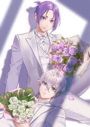 Rule 34 | 2boys, black eyes, blue lock, bouquet, closed mouth, collared shirt, cowboy shot, cst, flower, formal, highres, holding, holding bouquet, jacket, lap pillow, long sleeves, looking at viewer, lying, male focus, mikage reo, multiple boys, nagi seishirou, on back, pants, purple eyes, purple flower, purple hair, shirt, short eyebrows, short hair, short ponytail, sitting, smile, suit, vest, white background, white flower, white hair, white jacket, white pants, white shirt, white suit, white vest
