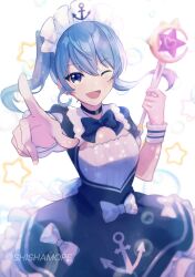 Rule 34 | 1girl, anchor symbol, blue dress, blue eyes, blue hair, choker, cleavage cutout, clothing cutout, collar, cosplay, dress, earrings, frilled collar, frilled dress, frills, highres, holding, holding wand, hololive, hoshimachi suisei, jewelry, looking at viewer, maid, maid headdress, minato aqua, minato aqua (1st costume), minato aqua (cosplay), one eye closed, pointing, pointing at viewer, ribbon, shishamope, side ponytail, solo, virtual youtuber, wand, wrist cuffs
