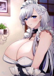 Rule 34 | 1girl, alternate breast size, areola slip, azur lane, belfast (azur lane), blurry, blurry background, braid, breasts, broken, broken chain, buttons, chain, cleavage, double-breasted, french braid, hachimitsu hinako, highres, huge breasts, indoors, light purple hair, long hair, maid headdress, purple eyes, solo, two-tone dress, upper body, v arms, window