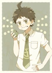Rule 34 | 1boy, ahoge, bandaid, breast pocket, brown hair, collared shirt, commentary request, danganronpa (series), danganronpa 2: goodbye despair, eating, food, food on face, food request, green necktie, grey background, hand on own hip, hinata hajime, holding, holding food, looking at viewer, male focus, mikuni (open-ranka), mochi, necktie, pocket, shirt, short sleeves, smile, solo, upper body, white shirt