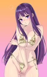 Rule 34 | 1girl, adjusting clothes, adjusting swimsuit, areola slip, bikini, breasts, crossed arms, fern (sousou no frieren), gold bikini, highres, karube guri, large breasts, long hair, looking at viewer, pout, purple eyes, purple hair, simple background, solo, sousou no frieren, standing, swimsuit
