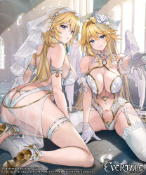 Rule 34 | 2girls, ass, bare shoulders, blonde hair, blue eyes, blush, breasts, butt crack, cleavage, closed mouth, commentary request, copyright name, evertale, gloves, hair ornament, high heels, highres, jeanne d&#039;arc (evertale), large breasts, leotard, long hair, looking at viewer, multiple girls, navel, parted lips, sage joh, smile, thigh strap, thighhighs, thighs, white gloves, white headwear, white leotard, white thighhighs, wings