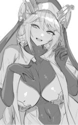 Rule 34 | 1girl, :d, absurdres, armored bodysuit, blush, bodysuit, breasts, covered navel, goddess of victory: nikke, greyscale, hand on own chest, hands up, heart, heart-shaped pupils, highres, kurone rinka, large breasts, long braid, long hair, looking at viewer, monochrome, nun, open mouth, rapunzel (nikke), simple background, sketch, smile, solo, symbol-shaped pupils, unfinished, veil, very long hair, white background