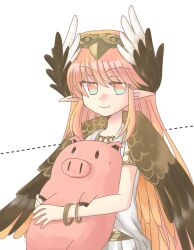 Rule 34 | 1girl, animal, armlet, bracelet, circe (fate), fate/grand order, fate (series), feathered wings, green eyes, head wings, holding, holding animal, jewelry, long hair, looking at viewer, multicolored eyes, necklace, pig, pink eyes, pink hair, pointy ears, ryuuga nanamaru, smile, solo, wings