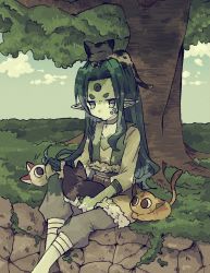 Rule 34 | 1boy, animal, animal on head, cat, colored skin, diting (the legend of luoxiaohei), feet out of frame, fur trim, grass, green hair, green skin, highres, horns, kana39, lanxi zhen, long hair, long sleeves, looking at viewer, on head, outdoors, pointy ears, shadow, single horn, sitting, solo, luo xiaohei zhanji, tree