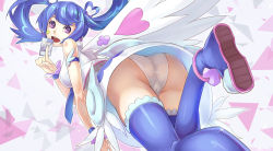 Rule 34 | 1girl, a-er (akkij0358), ass, blue angel (yu-gi-oh!), blue hair, blue thighhighs, boots, breasts, card, detached wings, earrings, from behind, from below, heart, heart earrings, highres, jewelry, large breasts, long hair, multicolored hair, open mouth, panties, purple eyes, purple hair, sideboob, skirt, sleeveless, smile, solo, thigh boots, thighhighs, twintails, underwear, upskirt, wings, yu-gi-oh!, yuu-gi-ou, yuu-gi-ou vrains, zaizen aoi, zettai ryouiki