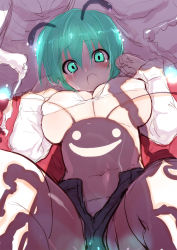 Rule 34 | 1girl, antennae, bad id, breasts, female focus, green eyes, green hair, highres, large breasts, matching hair/eyes, rondo bell, shorts, solo, thighhighs, touhou, wriggle nightbug, you gonna get raped