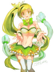 Rule 34 | 1girl, alternate costume, bandeau, bare shoulders, bow, bowtie, elsword, green eyes, green hair, hair bow, heart, heart-shaped pupils, ivy60530, long hair, matching hair/eyes, midriff, navel, outstretched hand, ponytail, rena erindel, skirt, smile, solo, strapless, symbol-shaped pupils, thighhighs, tube top, white background, white thighhighs, wrist cuffs