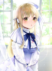 Rule 34 | 1girl, absurdres, backlighting, bib, blonde hair, blue bow, blue bowtie, blush, bow, bowtie, capelet, curtains, dress, dress flower, hair ribbon, hat, highres, indoors, long hair, long sleeves, looking at viewer, nanasino yuri, nijisanji, official alternate costume, purple dress, ribbon, sister claire, sister claire (10th costume), solo, straight hair, triangle mouth, virtual youtuber, white capelet, white hat, window, yellow eyes