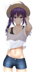 Rule 34 | 1girl, arm up, armpits, bare shoulders, blue shorts, breasts, cleavage, collarbone, commentary request, cowboy shot, crop top, crop top overhang, denim, denim shorts, gochuumon wa usagi desu ka?, hat, hat ribbon, highres, long hair, looking at viewer, medium breasts, midriff, mottsun (i 40y), navel, off-shoulder shirt, off shoulder, purple eyes, purple hair, ribbon, shirt, short shorts, short sleeves, shorts, sidelocks, simple background, smile, solo, sports bra, stomach, sun hat, tedeza rize, twintails, white background, white shirt