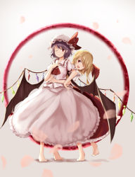 Rule 34 | 2girls, :3, ;d, arms around waist, ascot, bad id, bad pixiv id, barefoot, bat wings, blonde hair, broom, circle, fang, flandre scarlet, full body, grey background, hair ribbon, hand on own hip, hand on own chest, hat, hat ribbon, highres, hug, hug from behind, long skirt, mob cap, multiple girls, one eye closed, open mouth, petals, pink skirt, purple hair, red eyes, red ribbon, red skirt, remilia scarlet, ribbon, siblings, sisters, skirt, skirt set, smile, standing, standing on one leg, touhou, wings, yukitourou