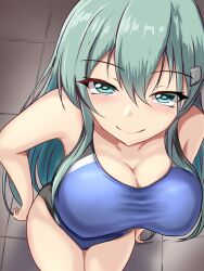 Rule 34 | 1girl, aqua eyes, aqua hair, black one-piece swimsuit, blue one-piece swimsuit, blush, breasts, cleavage, competition swimsuit, covered navel, cowboy shot, hair between eyes, hair ornament, hairclip, highleg, highleg swimsuit, highres, impossible clothes, impossible swimsuit, indoors, kantai collection, large breasts, lips, long hair, looking at viewer, montemasa, multicolored clothes, multicolored swimsuit, one-piece swimsuit, smile, solo, suzuya (kancolle), swimsuit, two-tone swimsuit