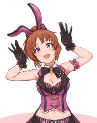 Rule 34 | 1girl, :d, abe nana, animal ears, arm garter, armpits, arms up, bare shoulders, black gloves, blush, bow, bow bra, bowtie, bra, breasts, brooch, brown eyes, brown hair, cleavage, disco brando, gloves, groin, hair bow, highres, idolmaster, idolmaster cinderella girls, jewelry, large breasts, looking at viewer, midriff, navel, open mouth, ponytail, rabbit ears, rabbit pose, short hair, simple background, sleeveless, smile, solo, striped bra, striped clothes, underwear, upper body, vest, white background