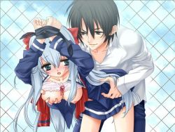 Rule 34 | 1boy, 1girl, bdsm, blue hair, bondage, bound, bound wrists, grabbing another&#039;s breast, breasts, game cg, grabbing, hetero, large breasts, looking at viewer