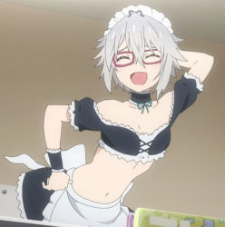 Rule 34 | 1girl, apron, arm behind head, arm up, breasts, choker, cleavage, collarbone, cropped, date a live, closed eyes, glasses, hair between eyes, hand on own hip, honjou nia, maid, maid apron, maid headdress, navel, open mouth, screencap, short hair, silver hair, small breasts, stomach, third-party edit, white apron, wrist cuffs